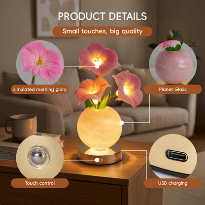 Pink Morning Glory Lamp – Rechargeable Wireless Touch-Control Dimmable Faux Flower Desk Light, LED Glass Planet Vase Night Light, Kitchen Bedroom Office Decor, Housewarming Gift Women and Mom