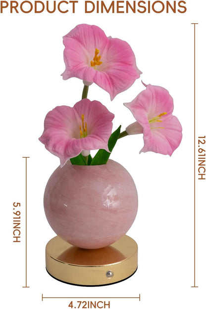 Pink Morning Glory Lamp – Rechargeable Wireless Touch-Control Dimmable Faux Flower Desk Light, LED Glass Planet Vase Night Light, Kitchen Bedroom Office Decor, Housewarming Gift Women and Mom