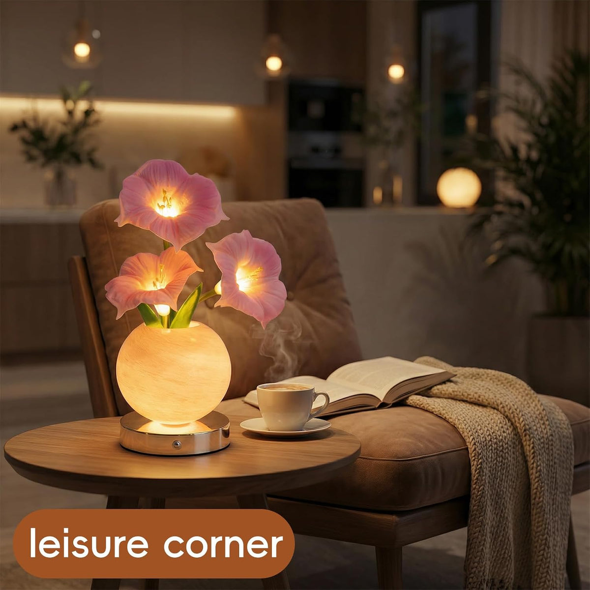 Pink Morning Glory Lamp – Rechargeable Wireless Touch-Control Dimmable Faux Flower Desk Light, LED Glass Planet Vase Night Light, Kitchen Bedroom Office Decor, Housewarming Gift Women and Mom