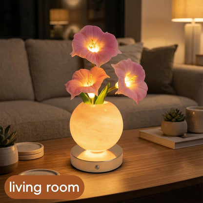 Pink Morning Glory Lamp – Rechargeable Wireless Touch-Control Dimmable Faux Flower Desk Light, LED Glass Planet Vase Night Light, Kitchen Bedroom Office Decor, Housewarming Gift Women and Mom