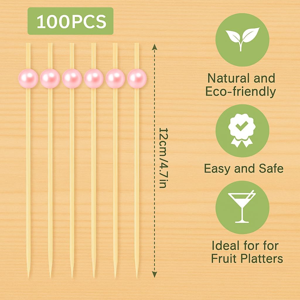 Cocktail Picks,100 Pcs Toothpicks for Appetizers, 4.7inch Fruit Skewers, Pink Party Decorations, Pearl Appetizer Picks, Fruit Skewers for Party Decorative Bar Supplies Brunch Food