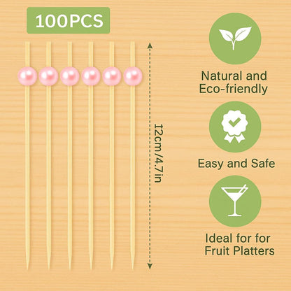 Cocktail Picks,100 Pcs Toothpicks for Appetizers, 4.7inch Fruit Skewers, Pink Party Decorations, Pearl Appetizer Picks, Fruit Skewers for Party Decorative Bar Supplies Brunch Food