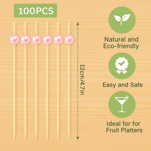 Cocktail Picks,100 Pcs Toothpicks for Appetizers, 4.7inch Fruit Skewers, Pink Party Decorations, Pearl Appetizer Picks, Fruit Skewers for Party Decorative Bar Supplies Brunch Food