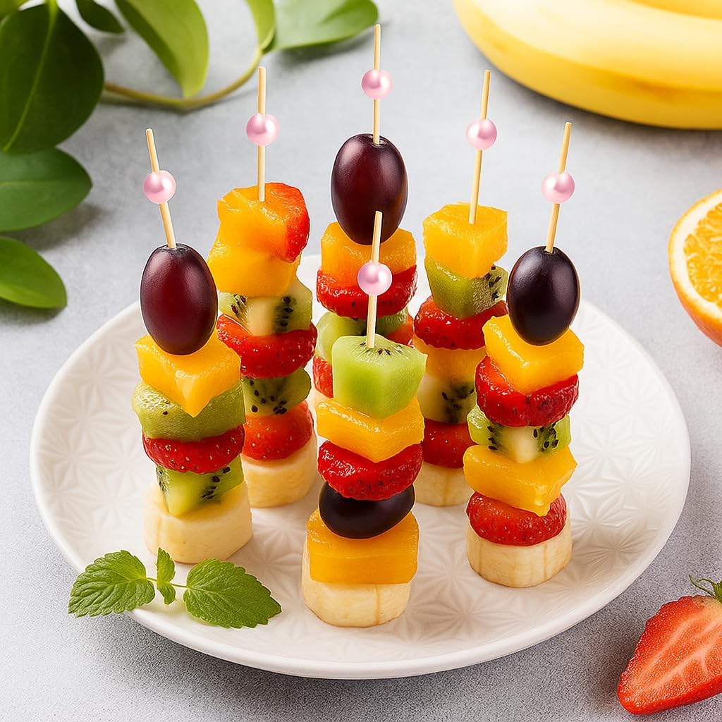 Cocktail Picks,100 Pcs Toothpicks for Appetizers, 4.7inch Fruit Skewers, Pink Party Decorations, Pearl Appetizer Picks, Fruit Skewers for Party Decorative Bar Supplies Brunch Food