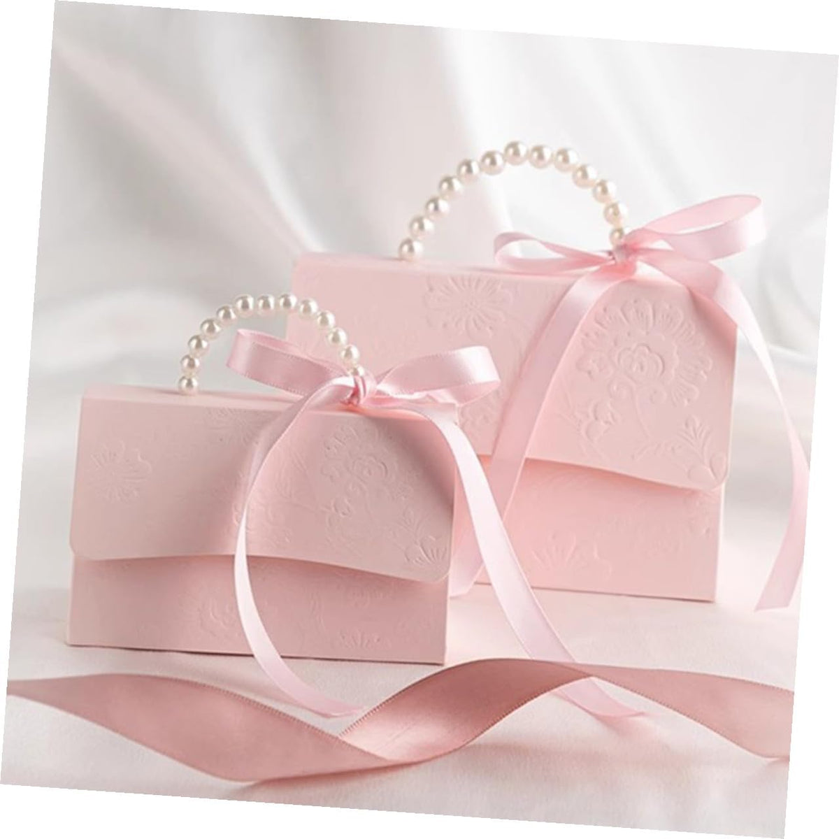 Delicate Box Set with Pearl Chain, Small Pink Wrapping Boxes Small Medium, Embossed Flower Design for Wedding Party Presents and Candy Packaging