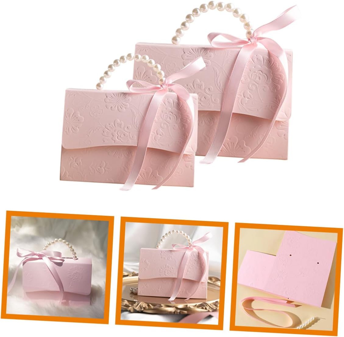 Delicate Box Set with Pearl Chain, Small Pink Wrapping Boxes Small Medium, Embossed Flower Design for Wedding Party Presents and Candy Packaging