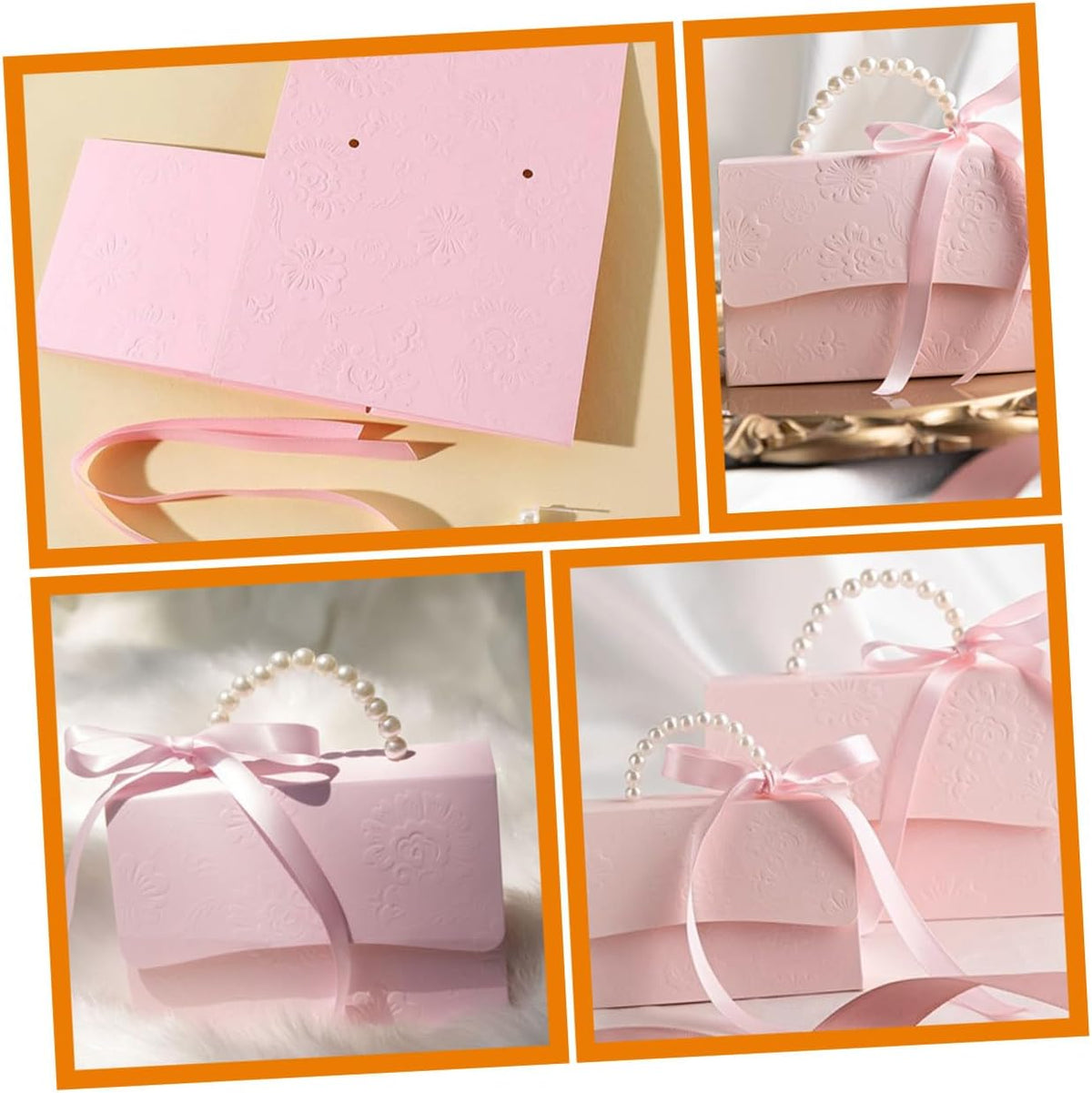 Delicate Box Set with Pearl Chain, Small Pink Wrapping Boxes Small Medium, Embossed Flower Design for Wedding Party Presents and Candy Packaging