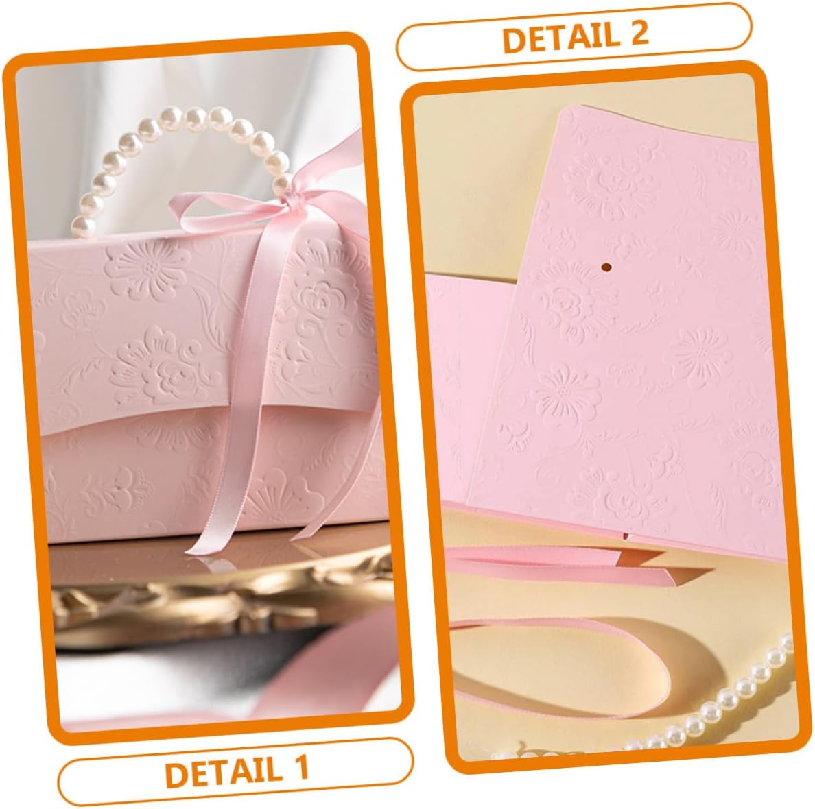 Delicate Box Set with Pearl Chain, Small Pink Wrapping Boxes Small Medium, Embossed Flower Design for Wedding Party Presents and Candy Packaging