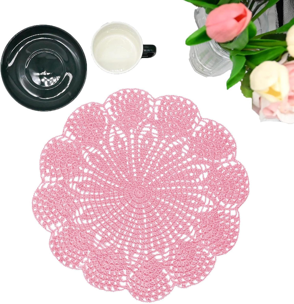 11.8 in to 13.8 in Lace Doilies Round Flower Vase Mats Kitchen Tablecloth Dish Plate Mat Handmade Crochet Table Doily Placemats Coaster for Mother's Day Wedding (Pink,1PC)