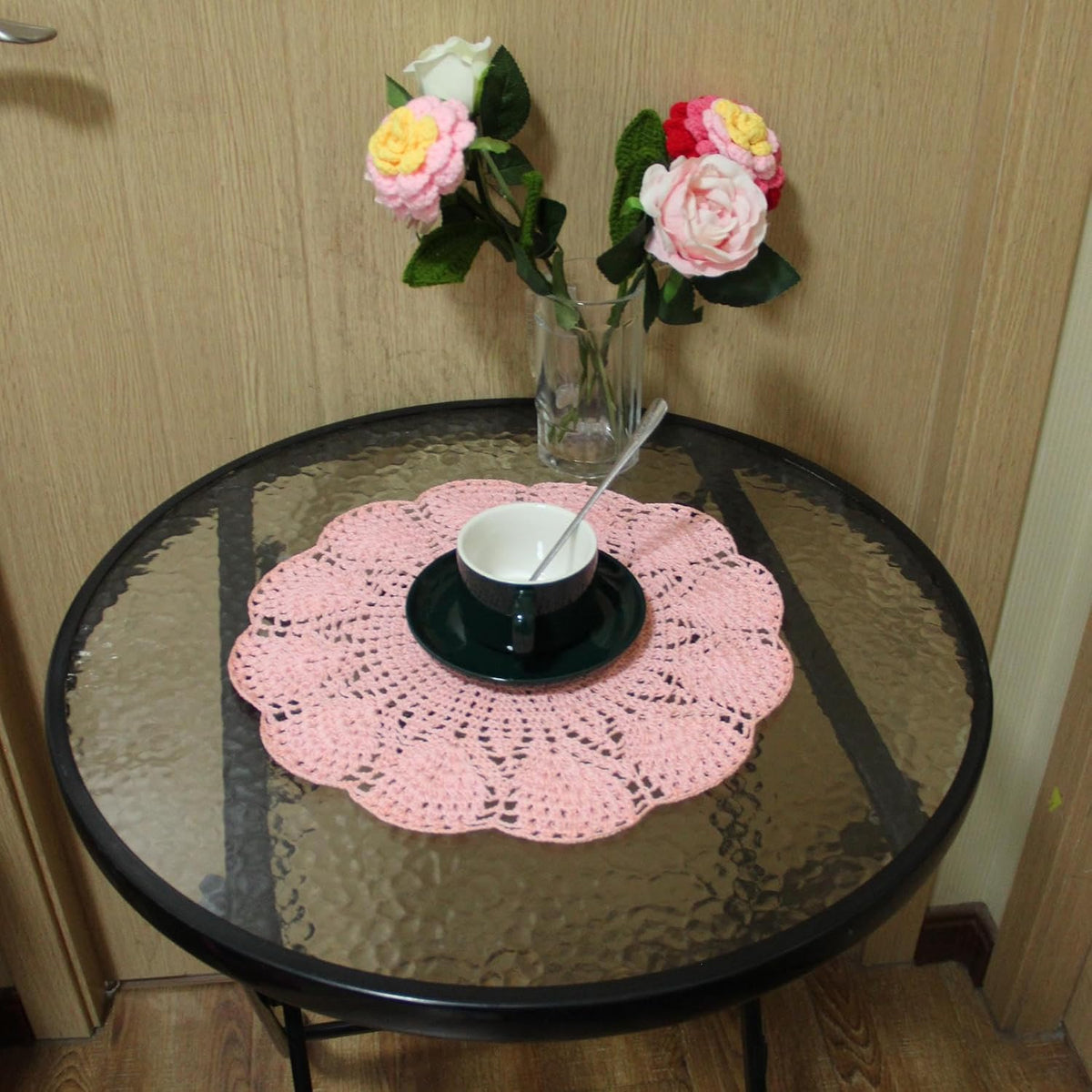 11.8 in to 13.8 in Lace Doilies Round Flower Vase Mats Kitchen Tablecloth Dish Plate Mat Handmade Crochet Table Doily Placemats Coaster for Mother's Day Wedding (Pink,1PC)
