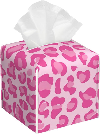 Pink Leopard Print Leather Tissue Box Holder, Suitable for Decorating Car Bathrooms, Bedrooms, Desks, and Tabletops