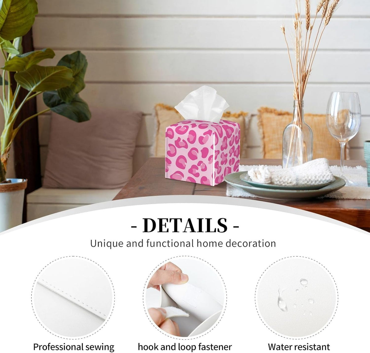 Pink Leopard Print Leather Tissue Box Holder, Suitable for Decorating Car Bathrooms, Bedrooms, Desks, and Tabletops