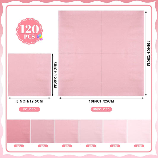 120 Pcs Pink Napkins, 6 Color Light Pink Cocktail Napkins Disposable Dessert Beverage Party Napkin for Mothers Day, Girl Women Birthday Decorations, Bridal Baby Shower, Tea party, 5 Inch