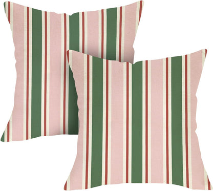 Pink Green Striped Decorative Throw Pillow Covers 18 x 18 Set of 2, Boho Modern Minimalist Bedroom Living Room Outdoor Home Decor, Farmhouse Neutral Sofa Couch Cushion Case Housewarming Gifts