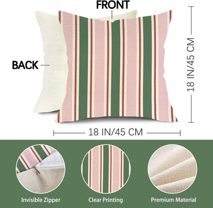 Pink Green Striped Decorative Throw Pillow Covers 18 x 18 Set of 2, Boho Modern Minimalist Bedroom Living Room Outdoor Home Decor, Farmhouse Neutral Sofa Couch Cushion Case Housewarming Gifts