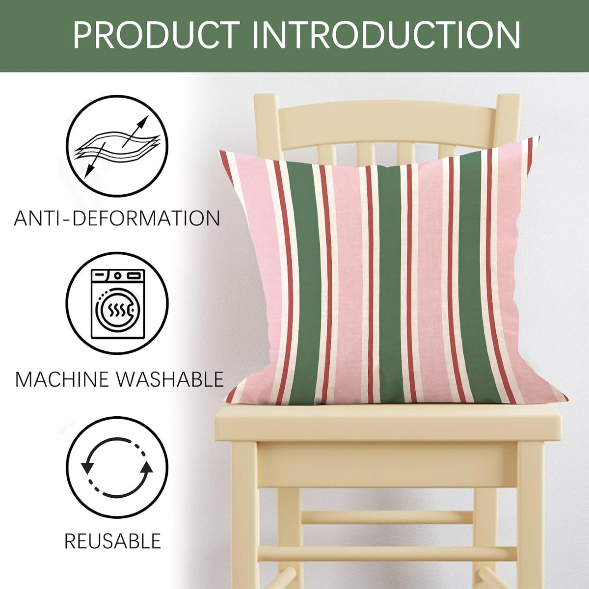 Pink Green Striped Decorative Throw Pillow Covers 18 x 18 Set of 2, Boho Modern Minimalist Bedroom Living Room Outdoor Home Decor, Farmhouse Neutral Sofa Couch Cushion Case Housewarming Gifts