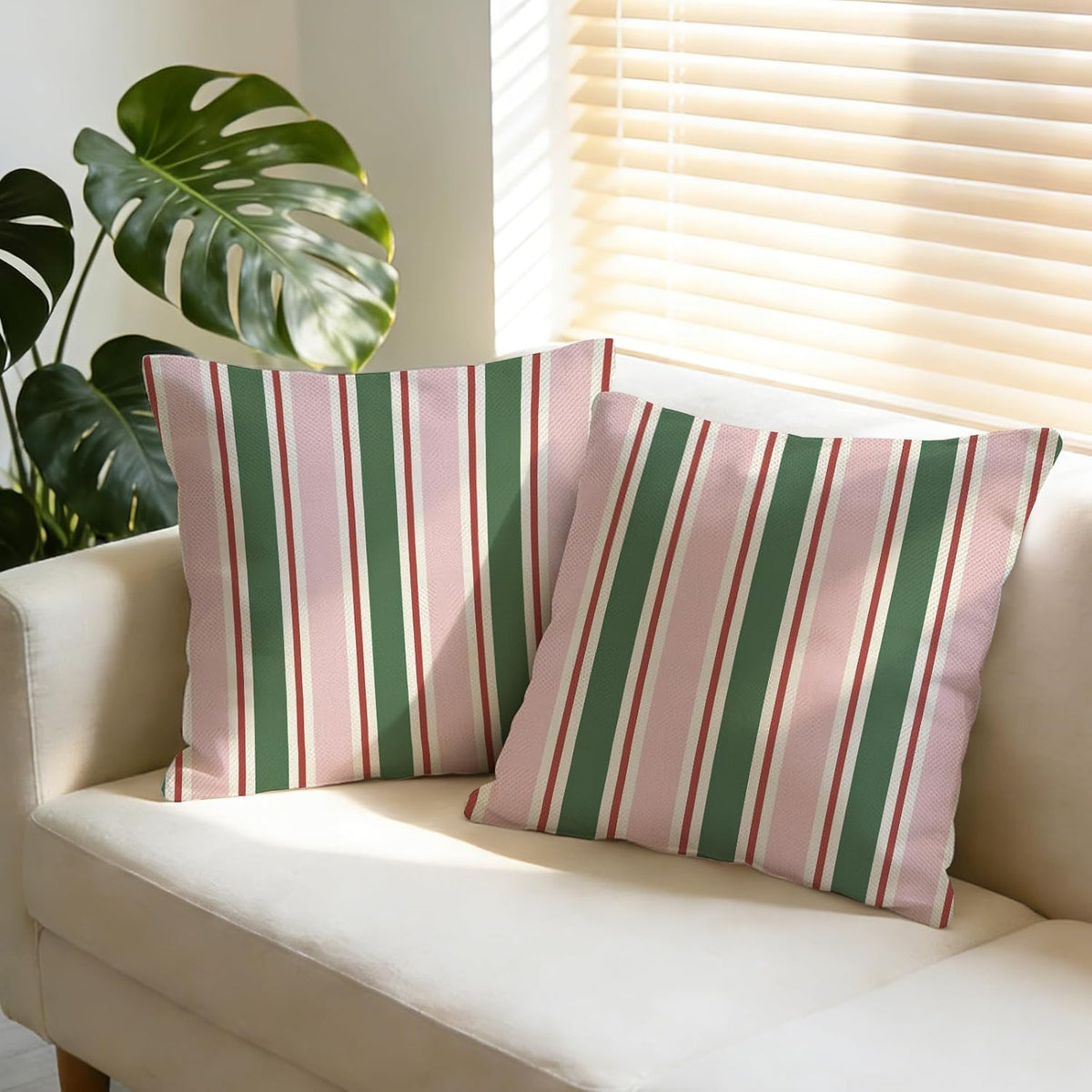 Pink Green Striped Decorative Throw Pillow Covers 18 x 18 Set of 2, Boho Modern Minimalist Bedroom Living Room Outdoor Home Decor, Farmhouse Neutral Sofa Couch Cushion Case Housewarming Gifts