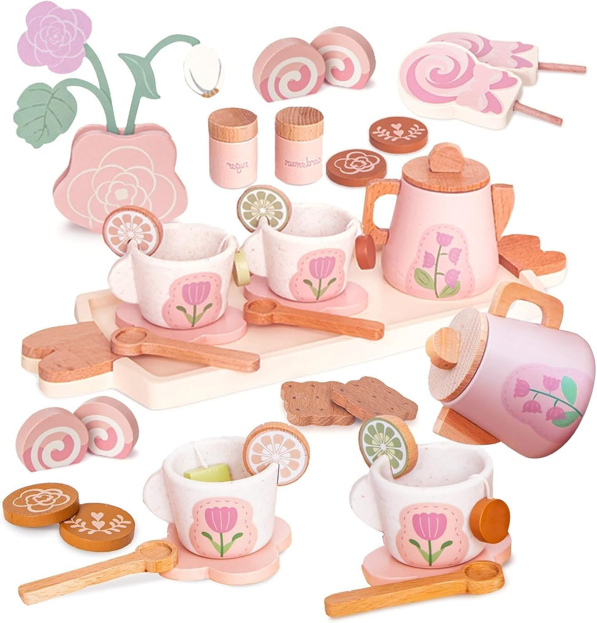 Wooden Tea Sets for Toddlers 3-5,Girl Princess Party Toy(Pink)