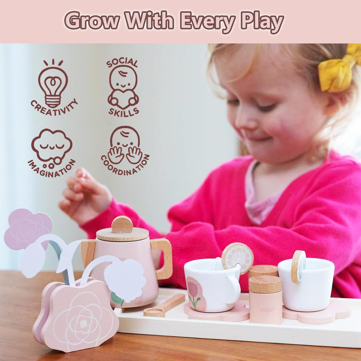 Wooden Tea Sets for Toddlers 3-5,Girl Princess Party Toy(Pink)