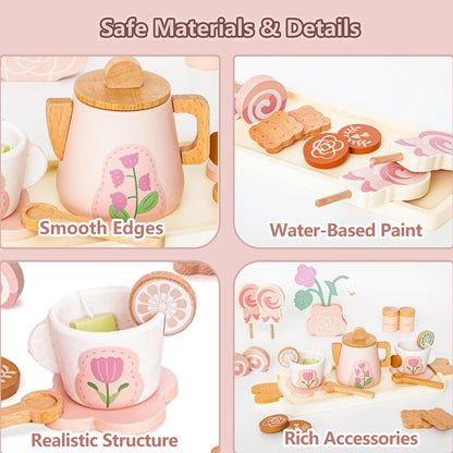 Wooden Tea Sets for Toddlers 3-5,Girl Princess Party Toy(Pink)