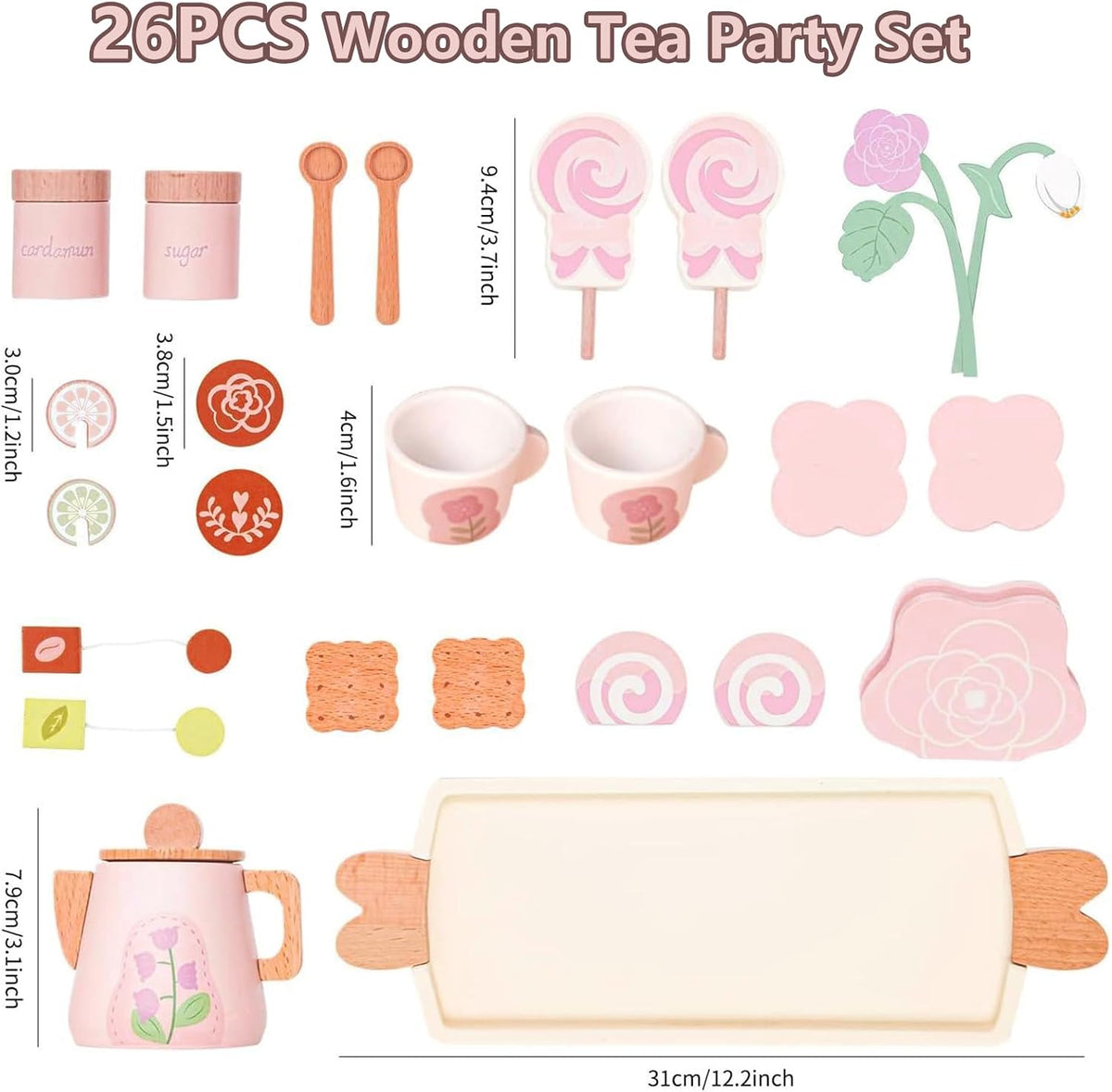 Wooden Tea Sets for Toddlers 3-5,Girl Princess Party Toy(Pink)