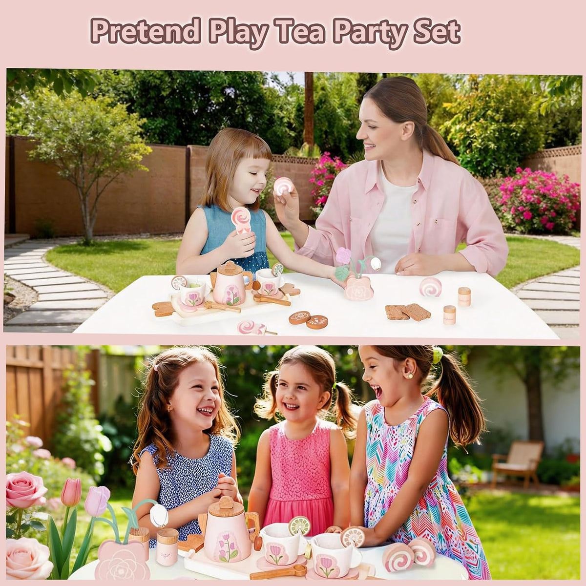 Wooden Tea Sets for Toddlers 3-5,Girl Princess Party Toy(Pink)