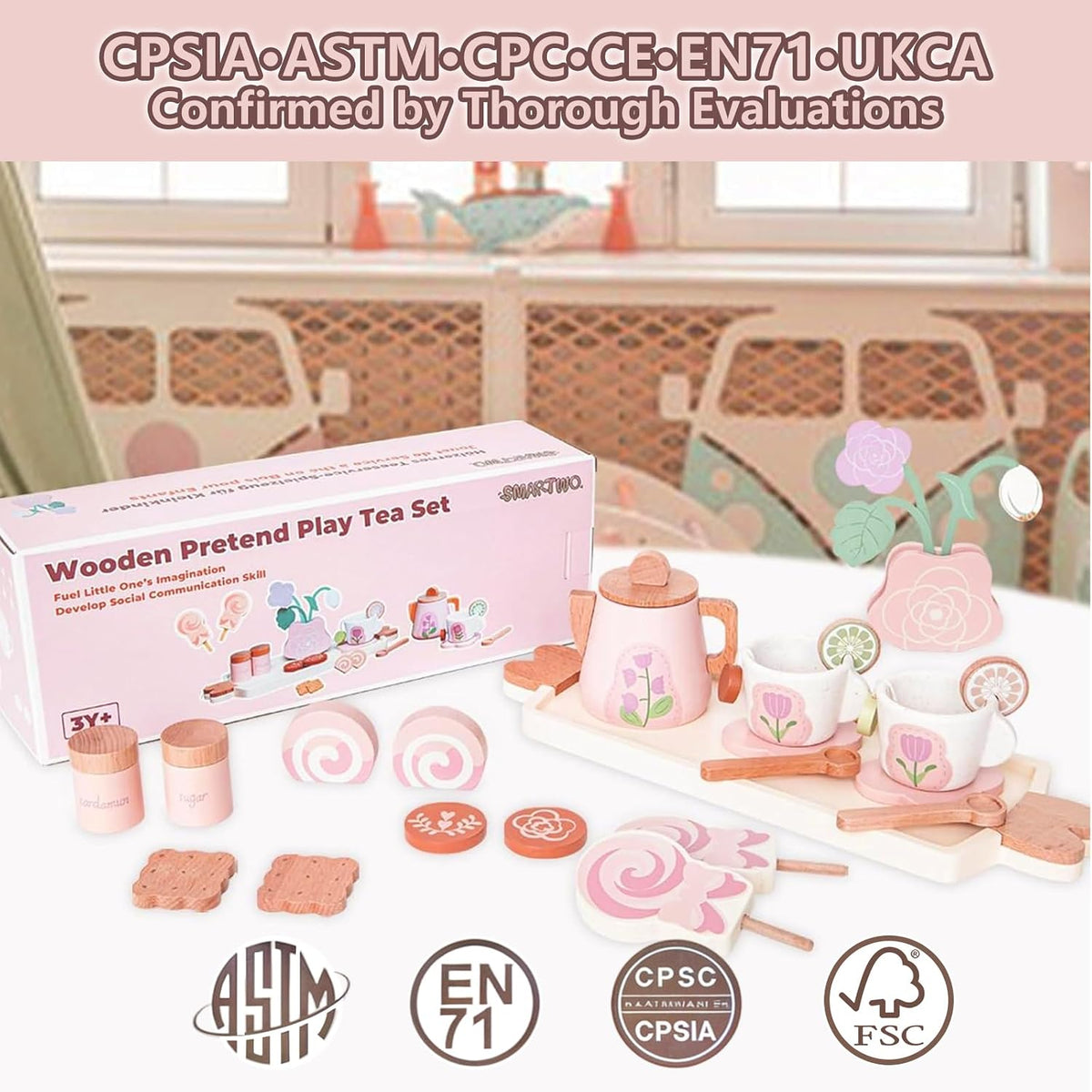 Wooden Tea Sets for Toddlers 3-5,Girl Princess Party Toy(Pink)