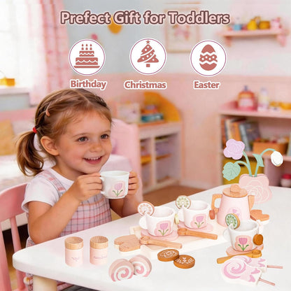 Wooden Tea Sets for Toddlers 3-5,Girl Princess Party Toy(Pink)