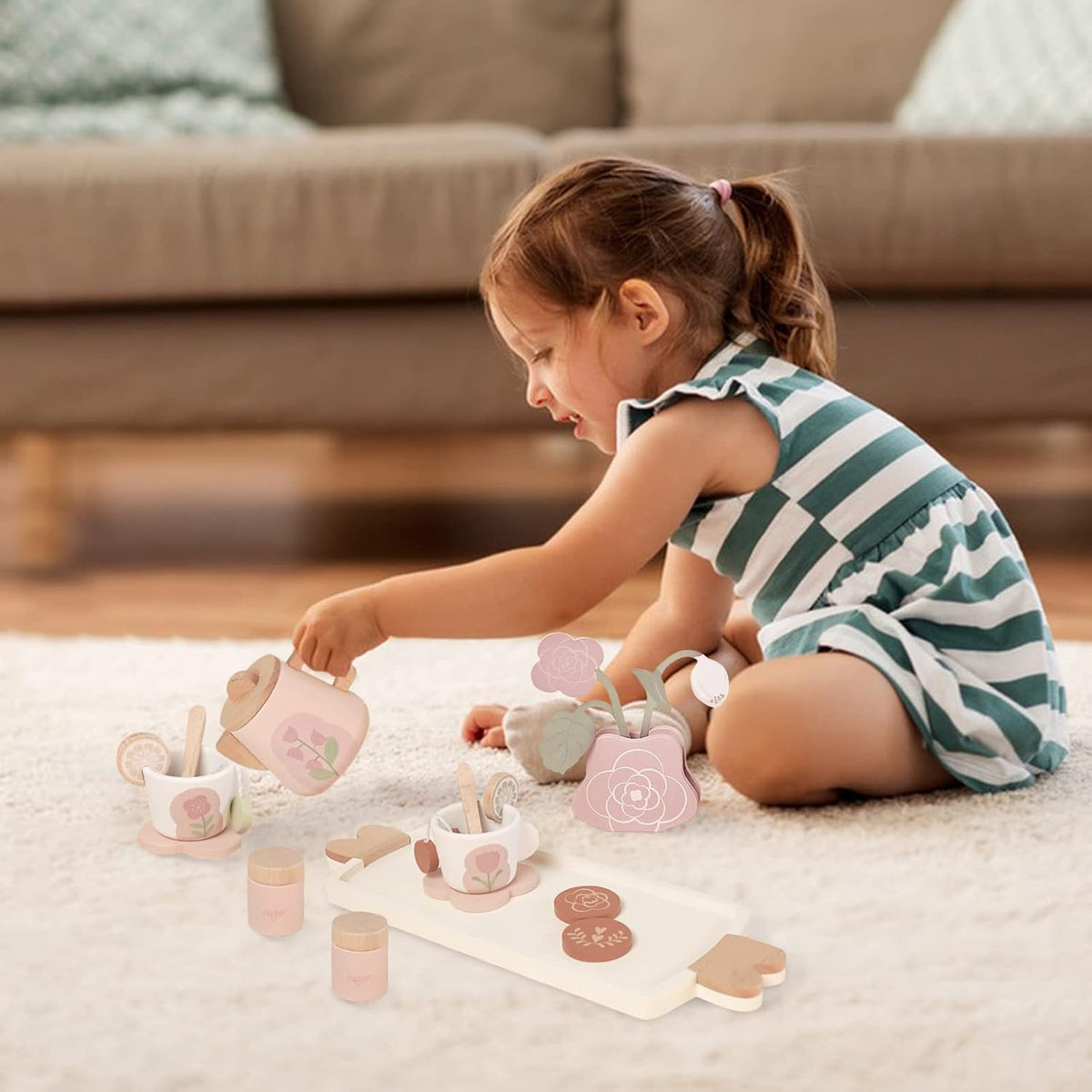 Wooden Tea Sets for Toddlers 3-5,Girl Princess Party Toy(Pink)