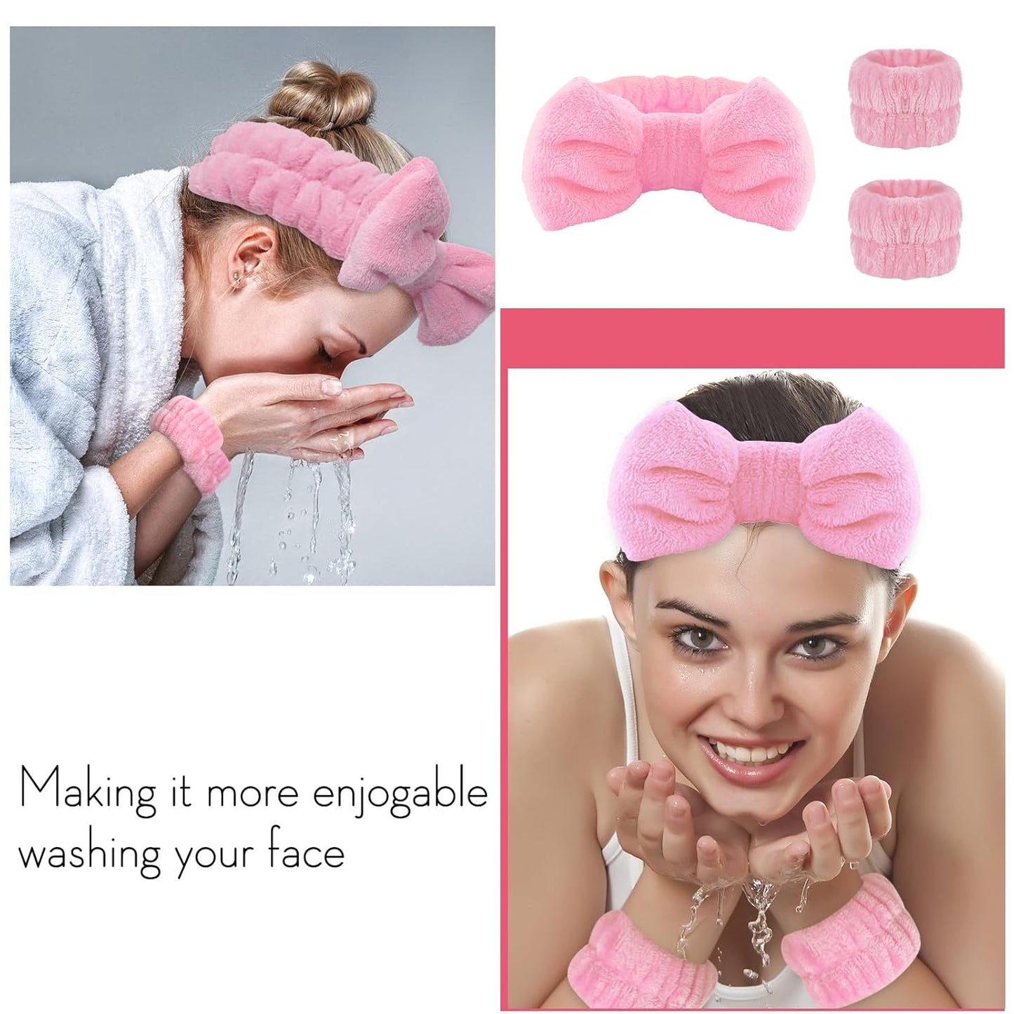 Pink Spa Headband and Wristband Set for Face Washing
