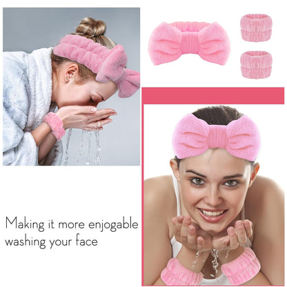 Pink Spa Headband and Wristband Set for Face Washing