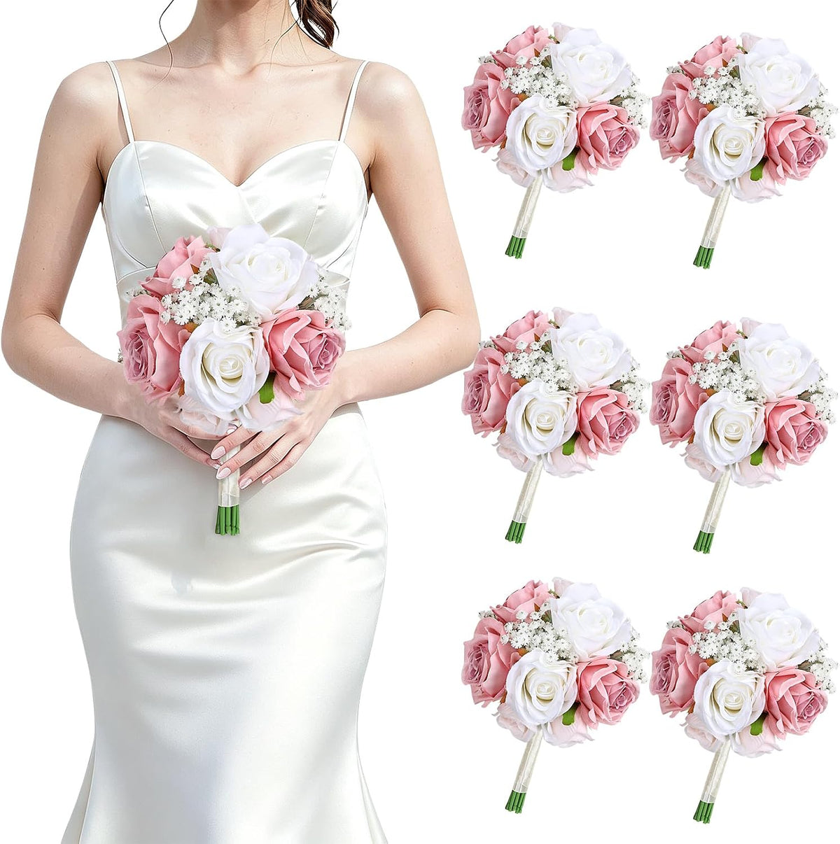Dusty Pink & White Wedding Bridesmaid Bouquets Set of 6