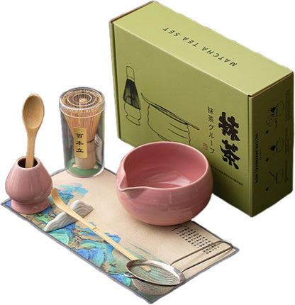 Matcha Whisk Set, 8 Pcs Matcha Set,Matcha Kit for Ceremony,Tradition Tea Set for Making Breakfast/Latte,Matcha Whisk Set with Bowl(Chawan)/Whisk and Holder,Gift for Family/Friend (Pink)