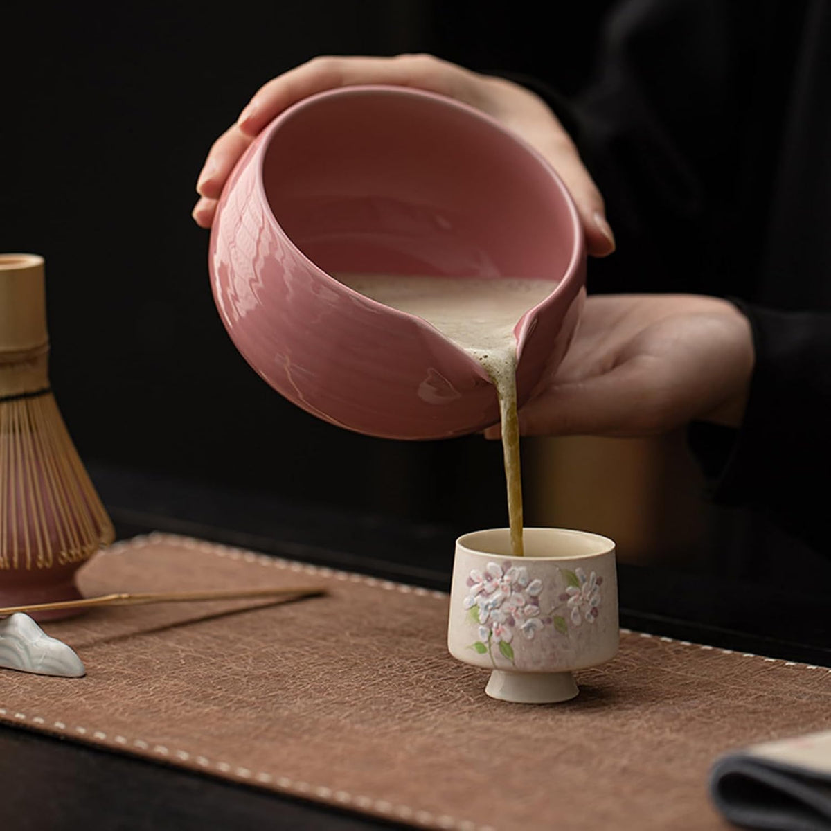 Matcha Whisk Set, 8 Pcs Matcha Set,Matcha Kit for Ceremony,Tradition Tea Set for Making Breakfast/Latte,Matcha Whisk Set with Bowl(Chawan)/Whisk and Holder,Gift for Family/Friend (Pink)