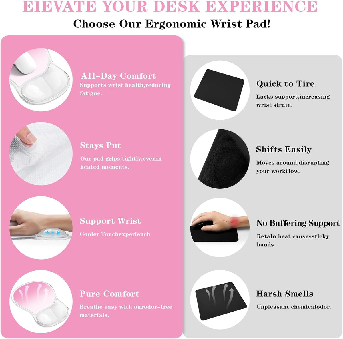 Mouse Pad with Wrist Rest,Ergonomic Mouse Pad with Comfortable Gel Wrist Rest Support and Non-Slip PU Base for Easy Typing Pain Relief, Durable and Washable (Transparent Pink Gradient)