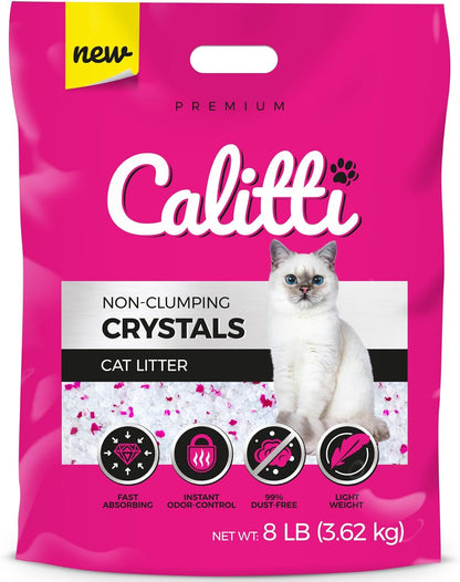 Calitti Premium Crystal Cat Litter – 99.9% Dust Free, Maximum Odor Control, Soft on Paws, Low Tracking, Lightweight Silica Gel, Non-Clumping, Multi-Cat, Unscented – 8 lb Bag