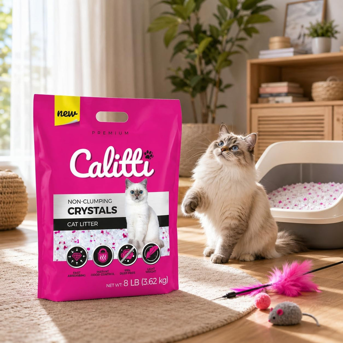 Calitti Premium Crystal Cat Litter – 99.9% Dust Free, Maximum Odor Control, Soft on Paws, Low Tracking, Lightweight Silica Gel, Non-Clumping, Multi-Cat, Unscented – 8 lb Bag