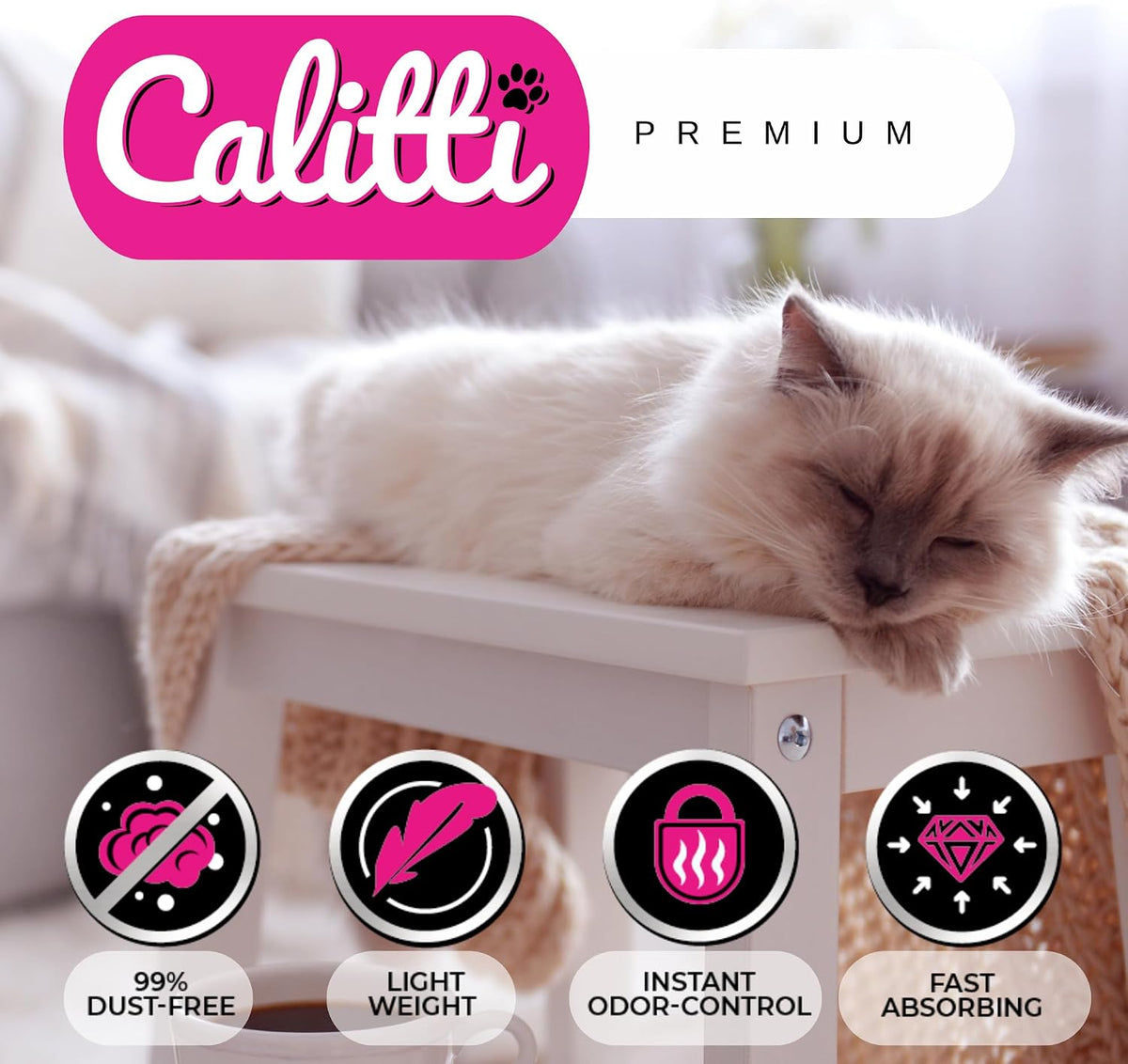 Calitti Premium Crystal Cat Litter – 99.9% Dust Free, Maximum Odor Control, Soft on Paws, Low Tracking, Lightweight Silica Gel, Non-Clumping, Multi-Cat, Unscented – 8 lb Bag