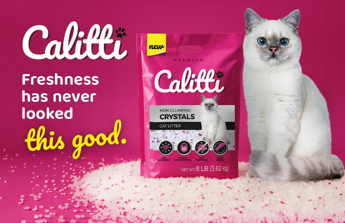 Calitti Premium Crystal Cat Litter – 99.9% Dust Free, Maximum Odor Control, Soft on Paws, Low Tracking, Lightweight Silica Gel, Non-Clumping, Multi-Cat, Unscented – 8 lb Bag