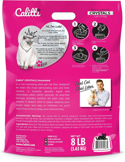 Calitti Premium Crystal Cat Litter – 99.9% Dust Free, Maximum Odor Control, Soft on Paws, Low Tracking, Lightweight Silica Gel, Non-Clumping, Multi-Cat, Unscented – 8 lb Bag