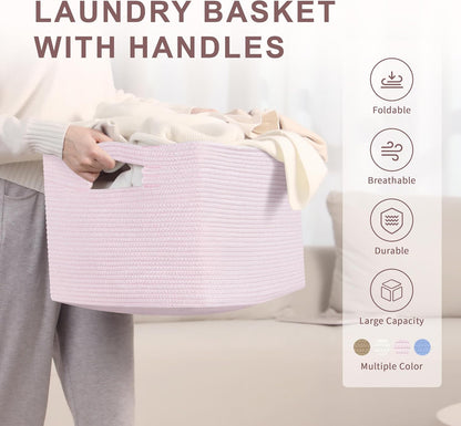 60L Woven Laundry Basket Hamper with Handles, Pink