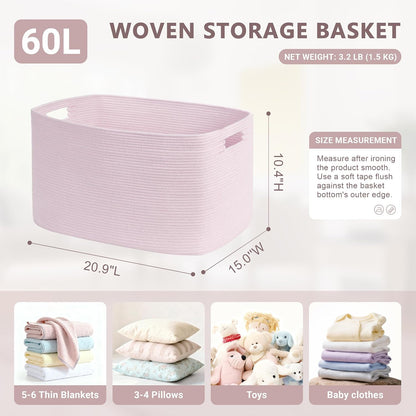60L Woven Laundry Basket Hamper with Handles, Pink
