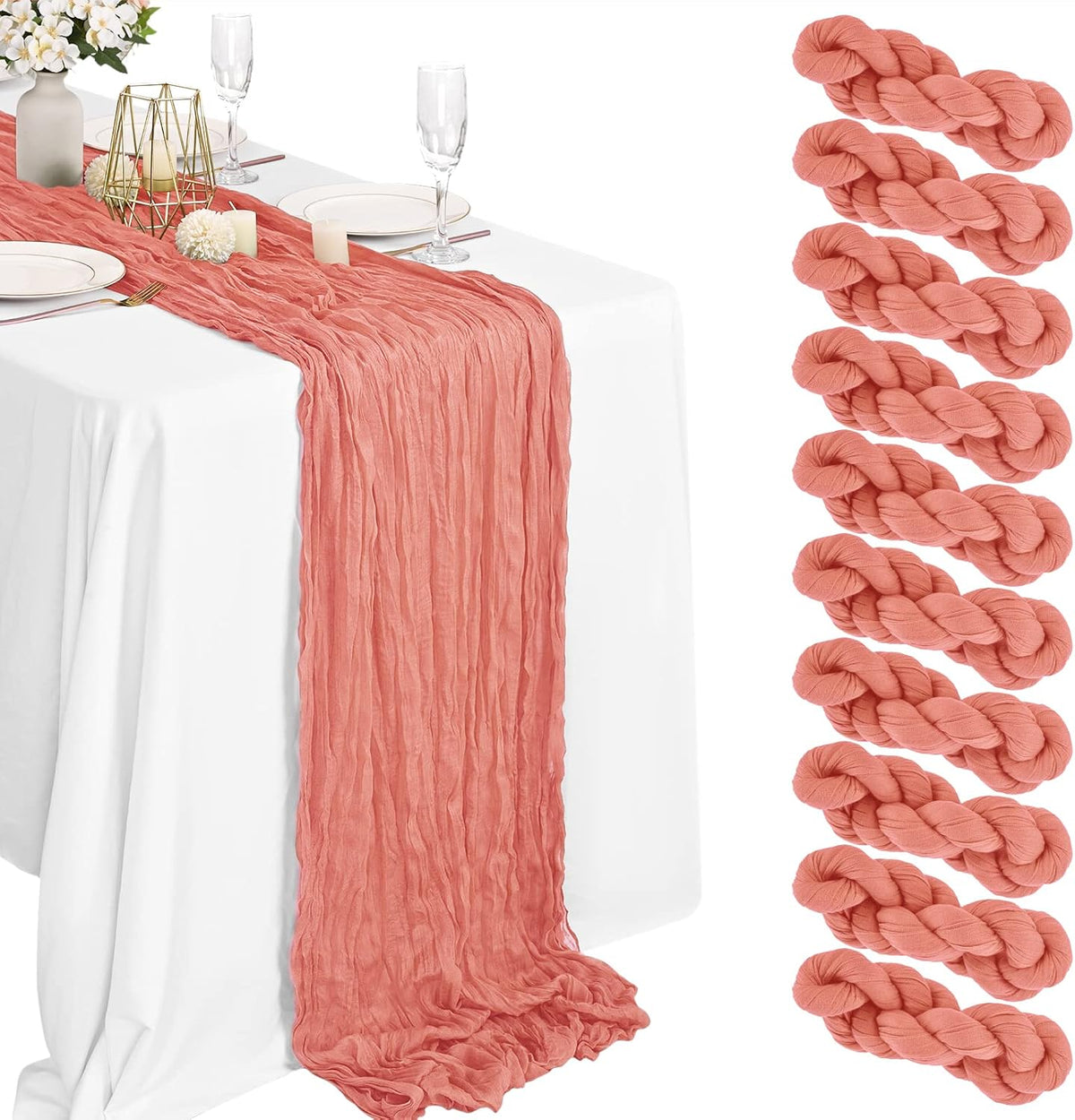 10 Packs Cheesecloth Table Runner - Peach Coral, 10Ft x 35" Rustic Gauze Boho Wedding Table Runner Decoration for Wedding Party Bridal Shower