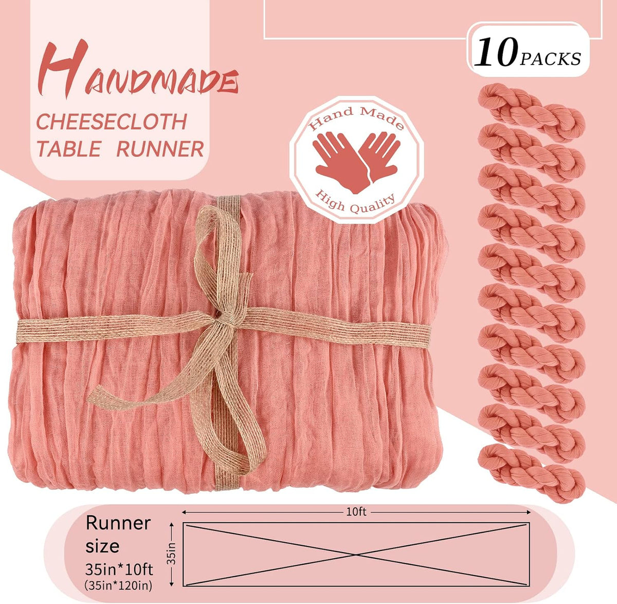 10 Packs Cheesecloth Table Runner - Peach Coral, 10Ft x 35" Rustic Gauze Boho Wedding Table Runner Decoration for Wedding Party Bridal Shower