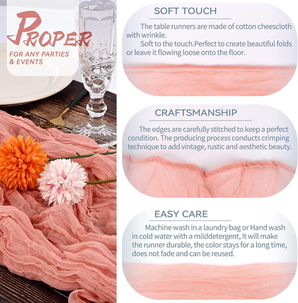 10 Packs Cheesecloth Table Runner - Peach Coral, 10Ft x 35" Rustic Gauze Boho Wedding Table Runner Decoration for Wedding Party Bridal Shower