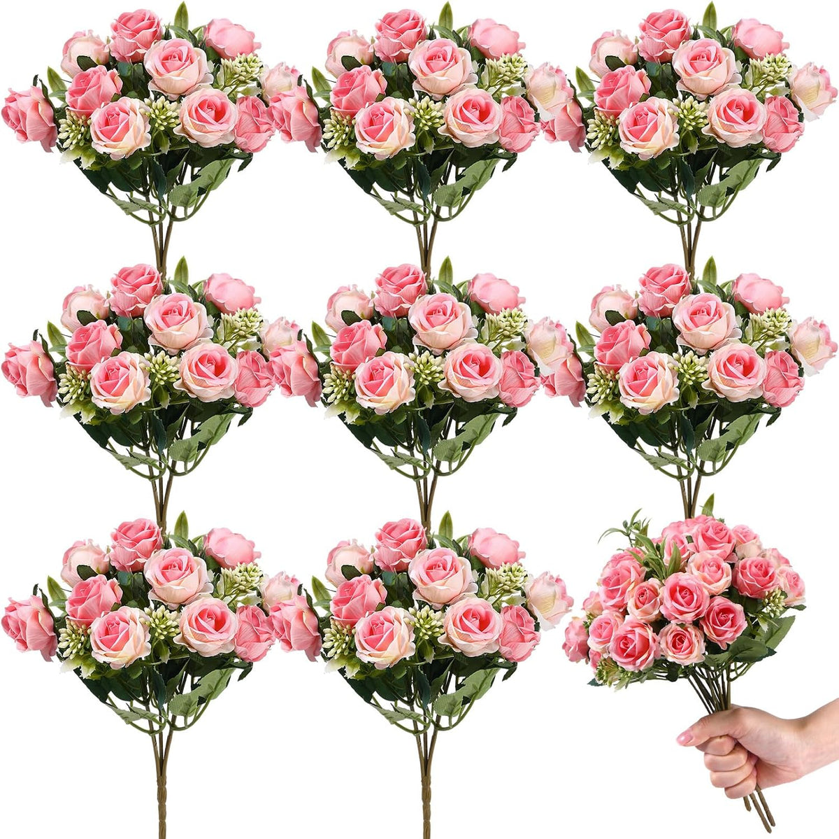 8 Pack 12 Inch Artificial Rose Bouquet, Pink