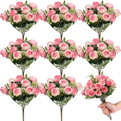8 Pack 12 Inch Artificial Rose Bouquet, Pink