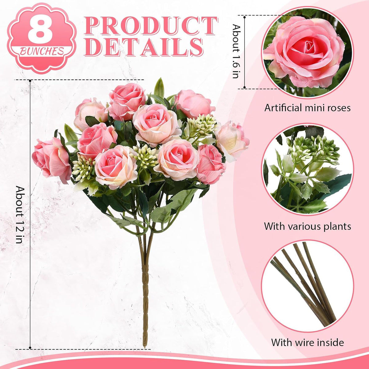 8 Pack 12 Inch Artificial Rose Bouquet, Pink
