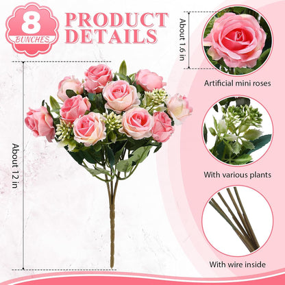 8 Pack 12 Inch Artificial Rose Bouquet, Pink