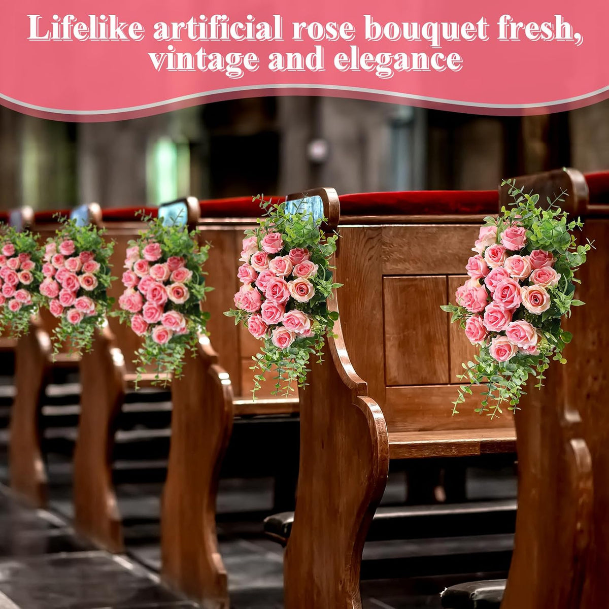 8 Pack 12 Inch Artificial Rose Bouquet, Pink